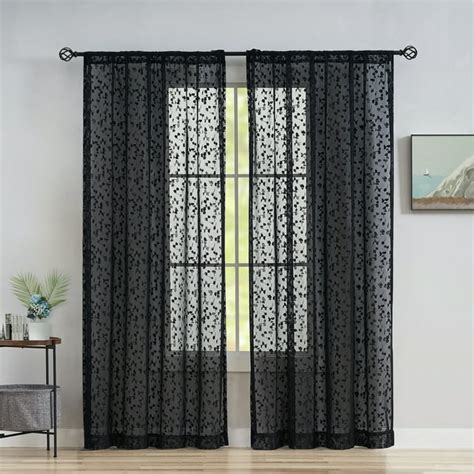 Flowpartex Black Lace Leaf Buds Embroidered Rod Pocket Sheer Curtain Panels Light Filtering