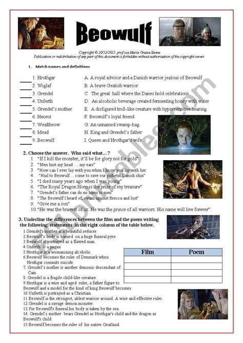 Beowulf Movie Video Session Esl Worksheet By Oppilif Worksheets