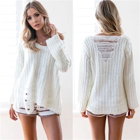 2017 New Fashion Autumn Women Sweater White Long Sleeved O Neck Pullovers Hollow Out Design