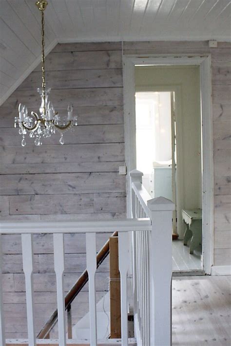 Grey Knotty Pine Plank Walls Rustic Stairs White Wash Walls