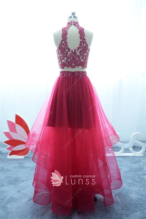 Beaded Fuchsia Lace Sheer Tulle Two Piece Prom Dress Lunss