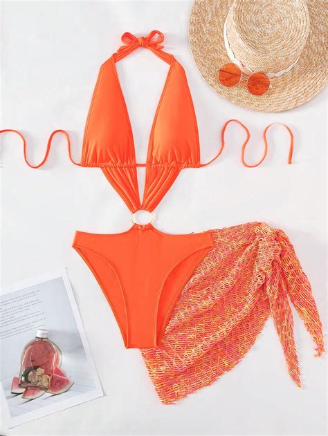 Shein Swim Sxy Ring Linked Cut Out Halter One Piece Swimsuit With Beach