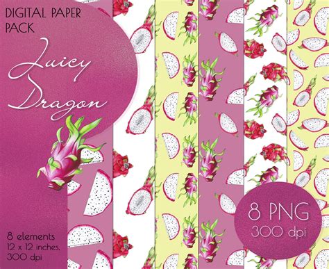 Tropical Fruit Digital Paper Dragonfruit Png Seamless Pattern Digital