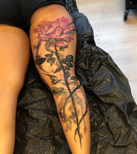 Pink Watercolor Rose Tattoo Rose Pink Leg Tattoos