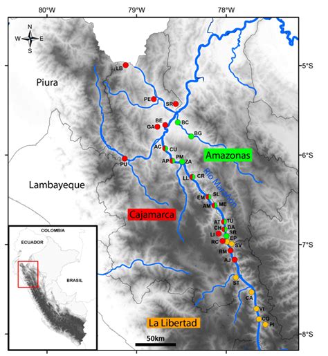 Map of the Marañón River and its tributaries in northern Peru showing ...