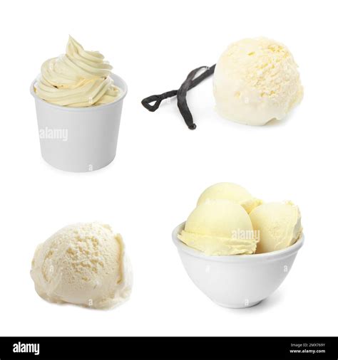 Set Of Vanilla Ice Creams And Frozen Yogurt On White Background Stock