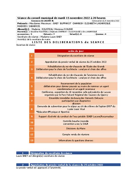 Liste De D Lib Rations Novembre Mairie De Lacave