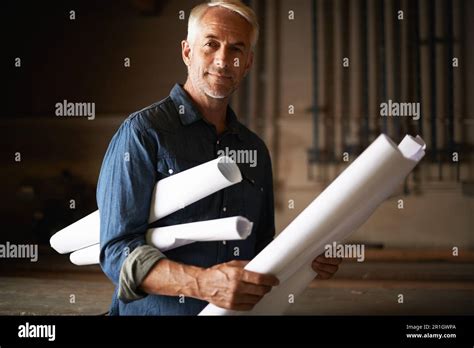 Mature Architect Blueprint And Man In Portrait With Renovation Or
