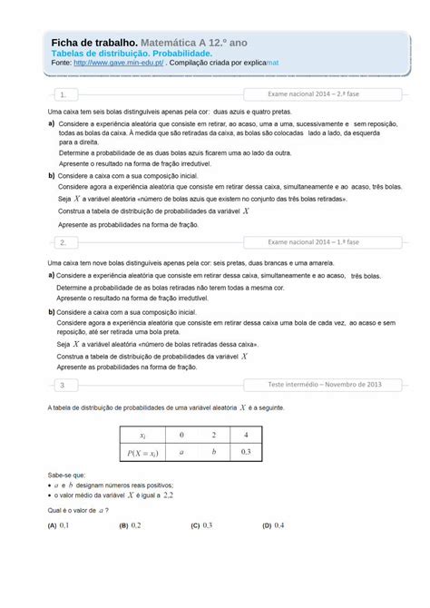 PDF Ficha de trabalho Matemática A 12 º ano Tabelas de