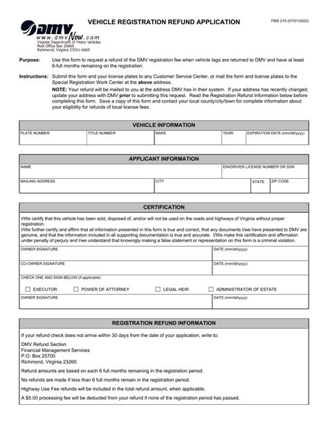 Form Fms210 Download Fillable Pdf Or Fill Online Vehicle Registration Refund Application