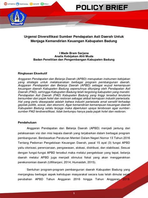 Policy Brief Urgensi Diversifikasi Pendapatan Asli Daerah Untuk Menjaga