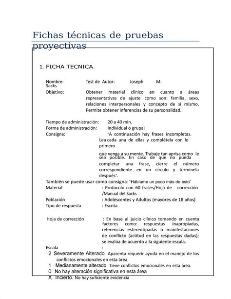 Fichas Tecnicas De Pruebas Proyectivas Ficha Tecnica Nombre Test De