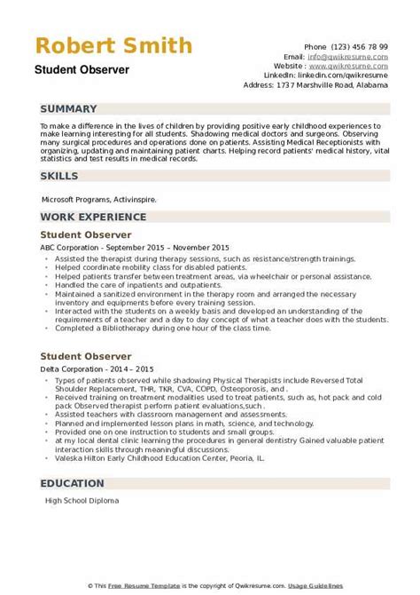 Student Observer Resume Samples QwikResume