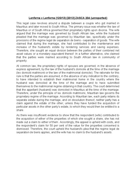 Study Unit 6 - Case Summaries - Lenferna v Lenferna (120/13) [2013