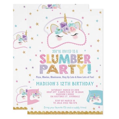 Unicorn Slumber Party Birthday Invitation Pajama Zazzle Slumber