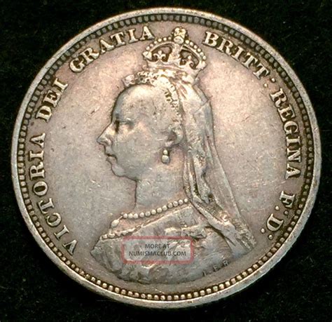 1887 Silver Great Britain Shilling Queen Victoria Coin Very Fine