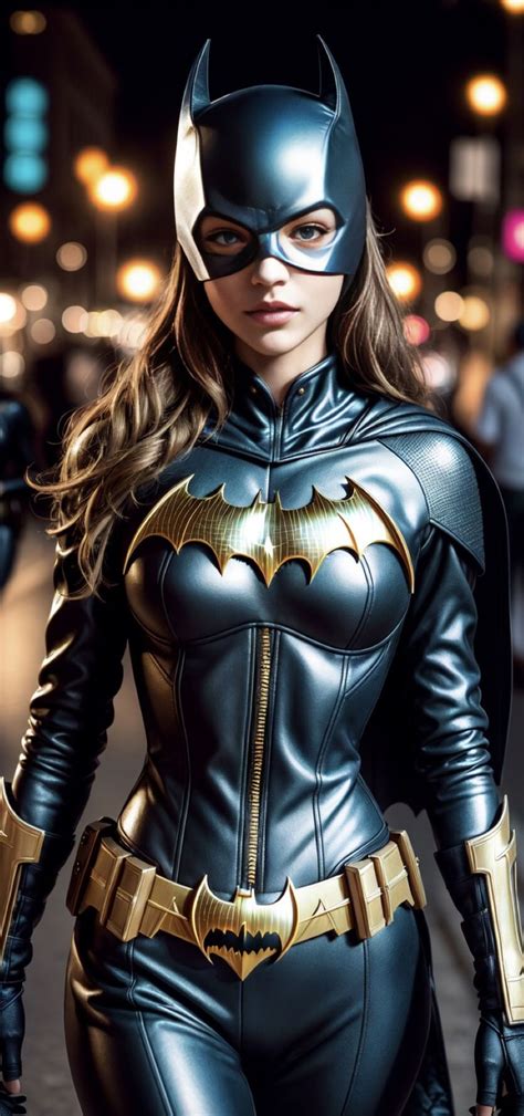 A Woman Dressed As Batgirl Is Walking Down The Street At Night With