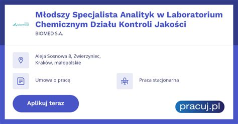 Oferta pracy Młodszy Specjalista Analityk w Laboratorium Chemicznym