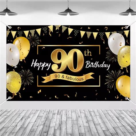 Happy 90th Birthday Backdrop Banner Extra Large Black And Gold 90th