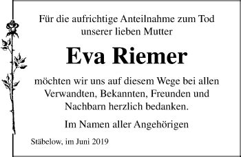 Traueranzeigen Von Eva Riemer Trauer Anzeigen De