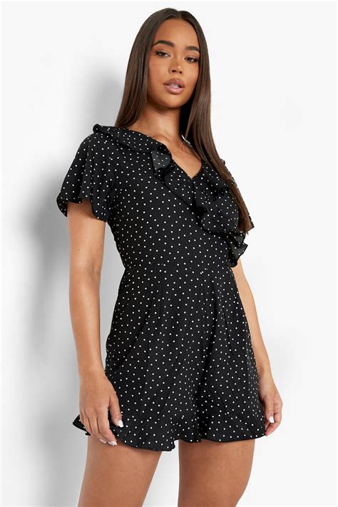 Womens Polka Dot Frill Wrap Playsuit Boohoo Uk