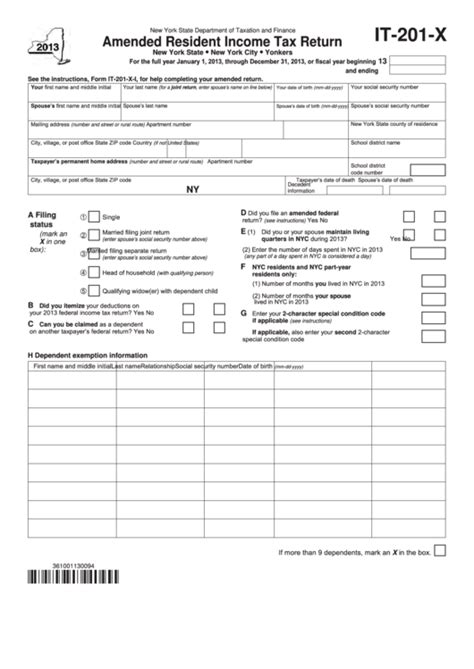 Fillable Form It 201 X New York Amended Resident Income Tax Return 2013 Printable Pdf Download