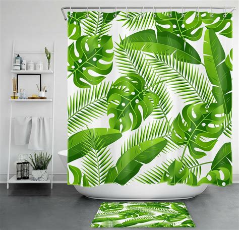 Tropical Paradise Leafy Shower Curtain And Botanical Bathroom Set For