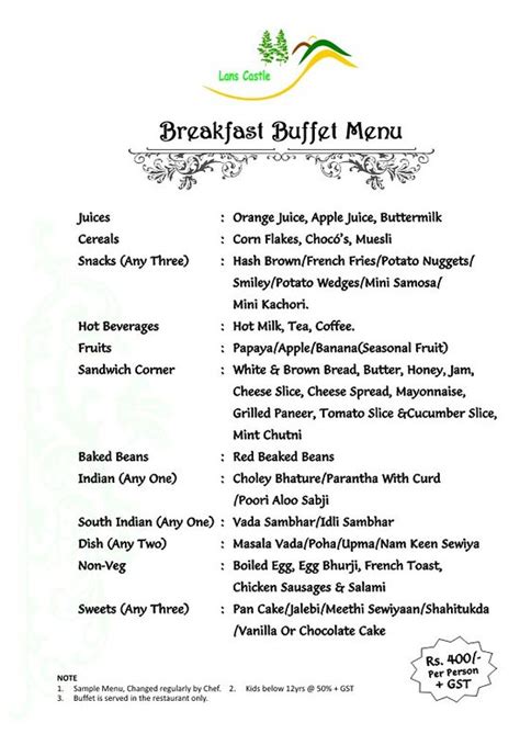 5 Star Hotel Breakfast Buffet Menu