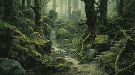 Premium Photo Mystical Forest Painting With Moss And Eerie Atmosphere