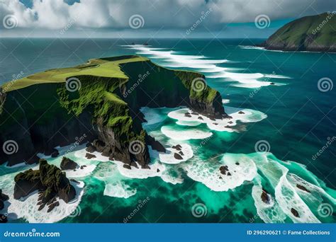 A Rugged Windswept Coastal Cliff Covered In Emerald Green Moss