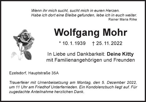 Traueranzeigen Von Wolfgang Mohr Gemeinsamtrauern N Land