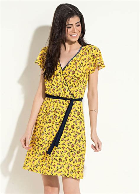 Vestido Quintess Transpassado Floral Amarelo Quintess