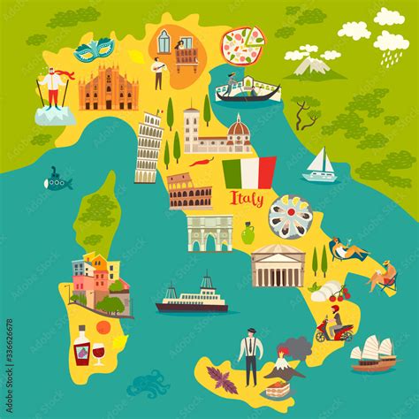 Italy poster. Cartoon map of Italy for kid/children. Italian landmarks vector cute poster ...