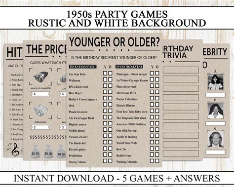 70th Birthday Party Games Printable Born In 1950 1950s Game Etsy 50th