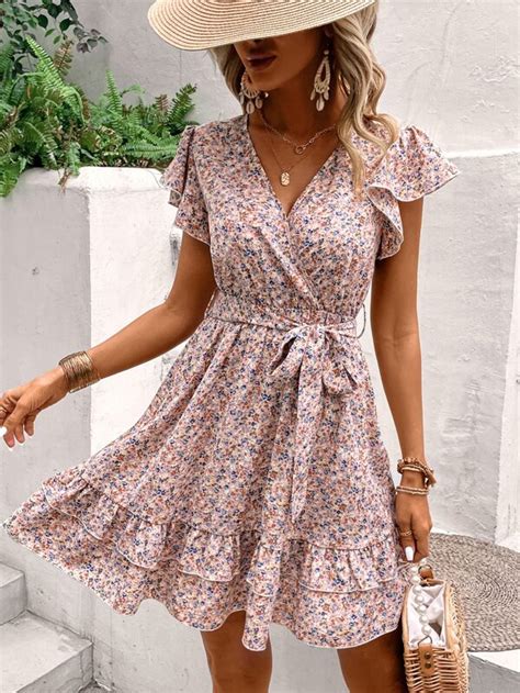 Shein Vcay Ditsy Floral Print Butterfly Sleeve Ruffle Hem Dress Shein Usa