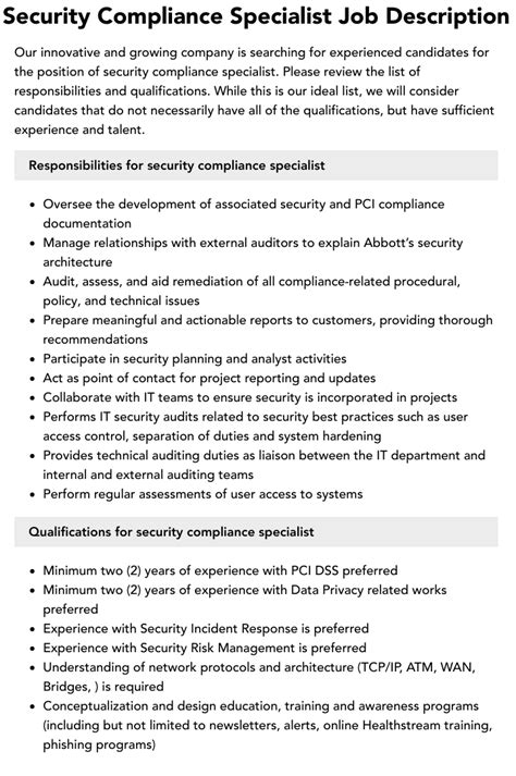 Security Compliance Specialist Job Description Velvet Jobs