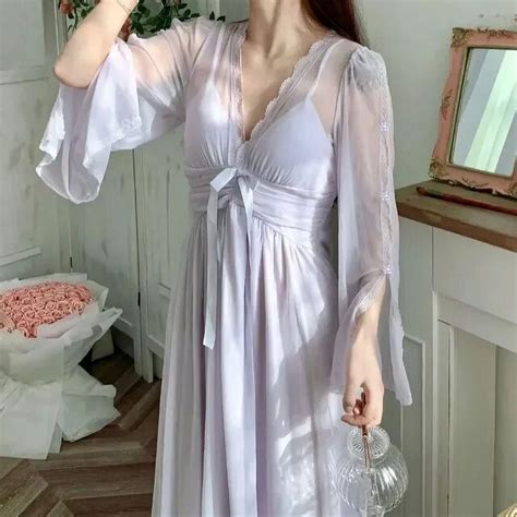 Linyooli Long V Neck See Pajamas Elegant One Womens Sleepwear Autumn