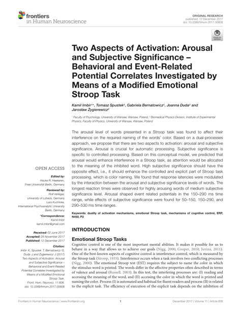 Pdf Two Aspects Of Activation Arousal And Subjective Significance Behavioral And Event