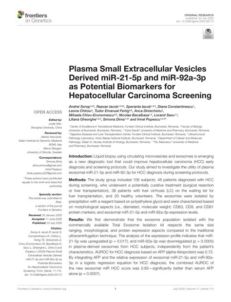 Pdf Plasma Small Extracellular Vesicles Derived Mir 21 5p And Mir 92a