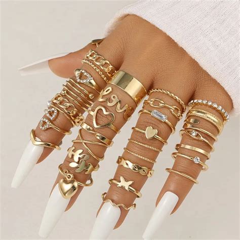 30pcs Set Vintage Love Heart Rings Set For Women Gold Color Geometric