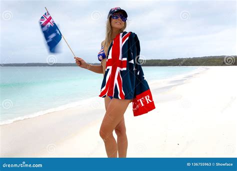 Woman Waving Australian Flag On Beach Stock Image Image Of Tourism Blonde 136755963