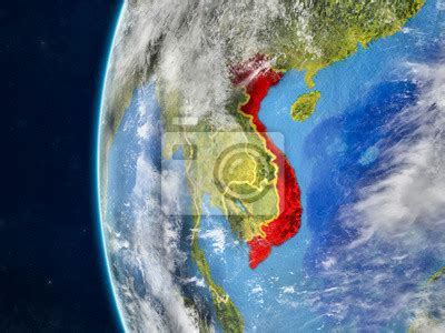 Vietnam From Space On Model Of Planet Earth With Country Borders Wall