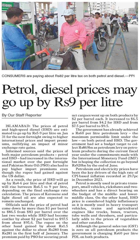 Dawn Epaper Jan 27 2024 Petrol Diesel Prices May Go Up By Rs9 Per