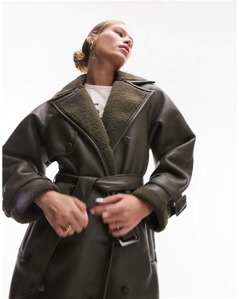 Topshop Faux Leather Bonded Borg Trench Coat In Brown Lyst