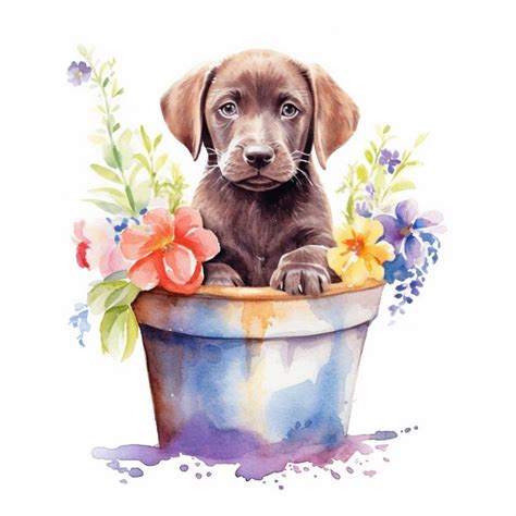 Premium AI Image | a painting of a puppy in a flower pot with flowers ...