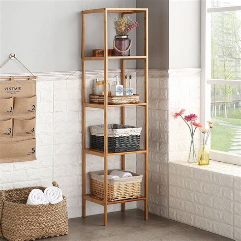 Finnhomy Natural Bamboo Shelf Wood 5 Tier Bathroom Shelf Unit Tower