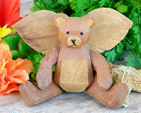 Wooden Angel Teddy Bear Wings Jointed Movable Arms Legs Carved Wood Bears