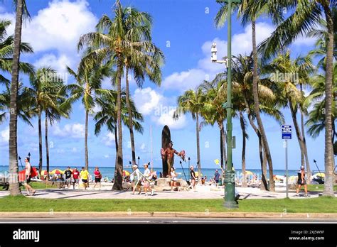 View Of Waikiki Beach And Duke Kahanamoku Iconic Statue At Oahu Hawaii