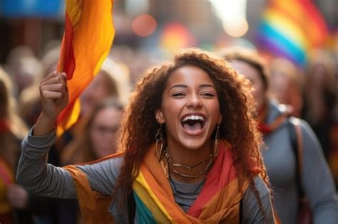 Premium Ai Image A Woman Holding A Rainbow Flag In A Parade