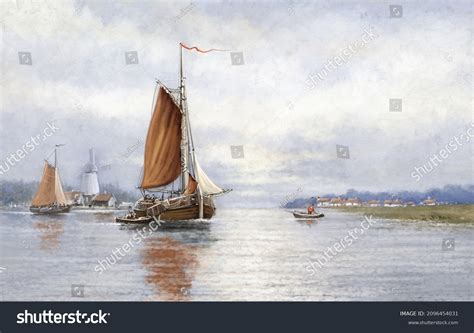 Fishing Boats Oil Painting Sea Landscape Stock Illustration 2096454031 ...